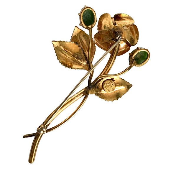 1940s Winard 12K GF Rose Flower Green Glass Stones Brooch Gold Tone 2.5in - Picture 9 of 13